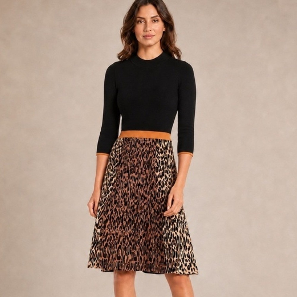 Eliza J Sweater Dress Womens Small Black Leopard Print Mock Neck EJ1-6788